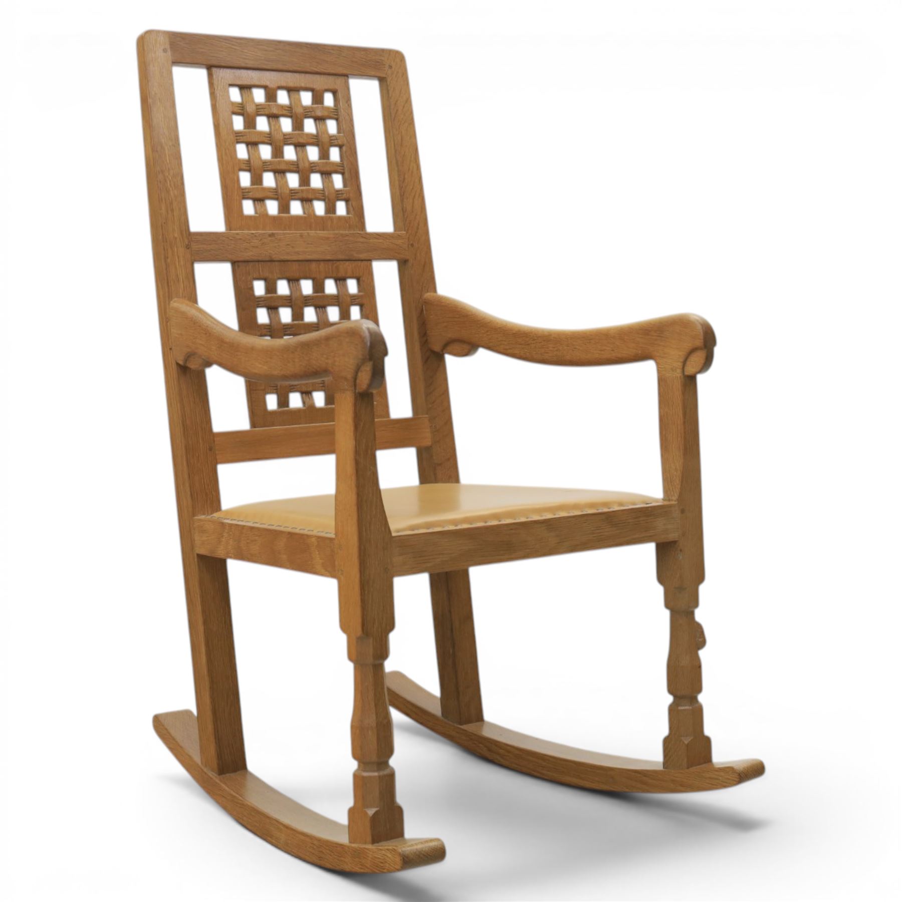 Mouseman - oak rocking chair, high lattice back, carved Mouse signature, by Robert Thompson's of Kilburn