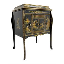 Early 20th century Chinoiserie lacquered gramophone cabinet, the lid decorated with raised gilt work, traditional landscape and figural scenes, fitted with 'Apollo' 'No. 114' gramophone, cupboards below, on cabriole supports