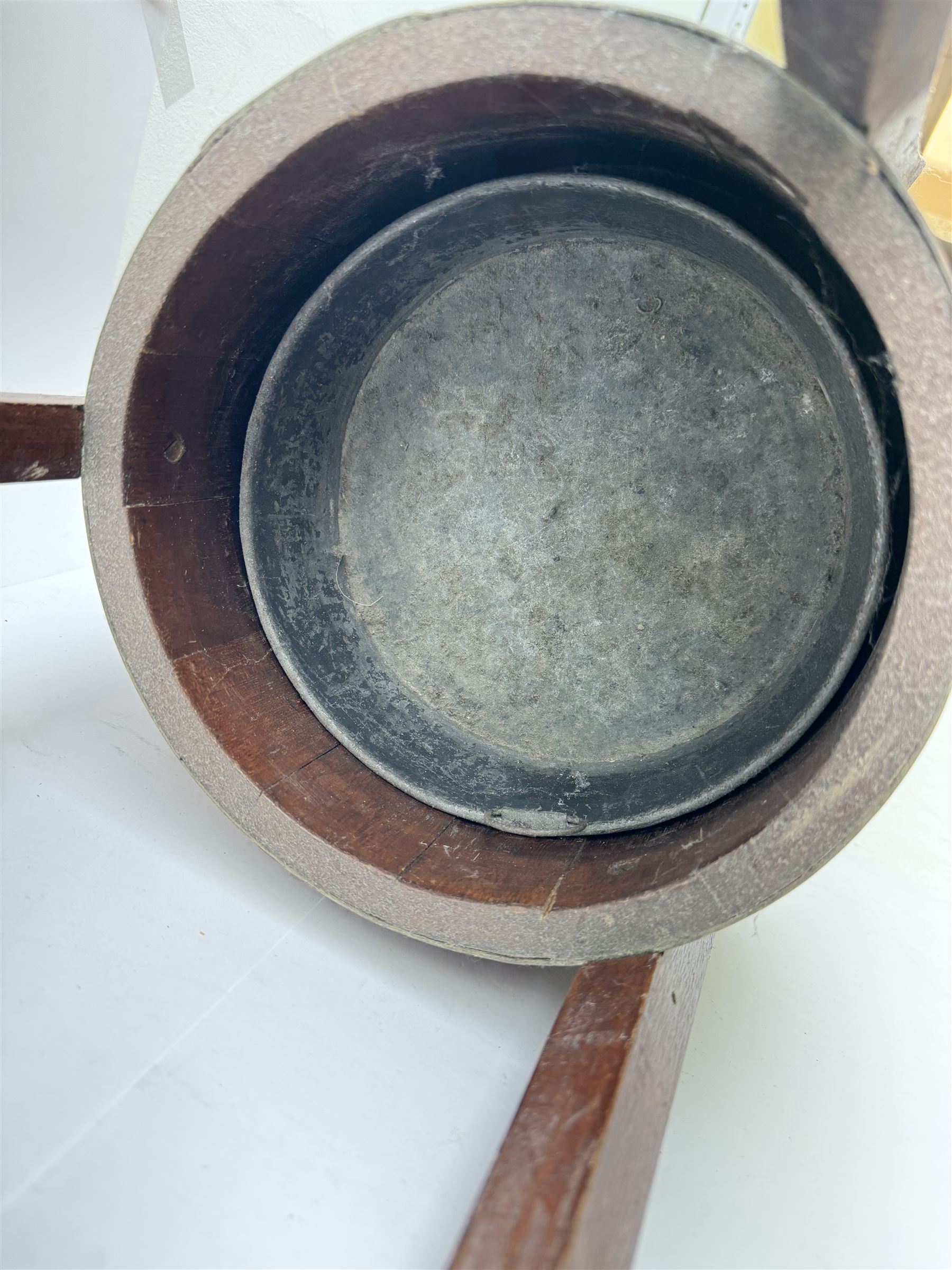 Wooden stick/umbrella stand of circular form with metal drip tray, H75cm