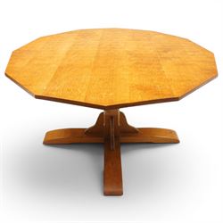 Gnomeman - adzed oak dodecagon dining table, the shaped top raised on a cruciform base with tooled brackets, terminating to four sledge feet, carved with gnome signature, by Thomas Whittaker, Littlebeck, Whitby