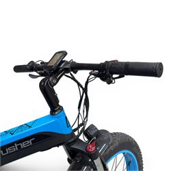 Cyrusher XF690 Plus - electric fat tyre bicycle, 250W model, with suspension forks, disc brakes, rear pannier bag and blue and black finish.