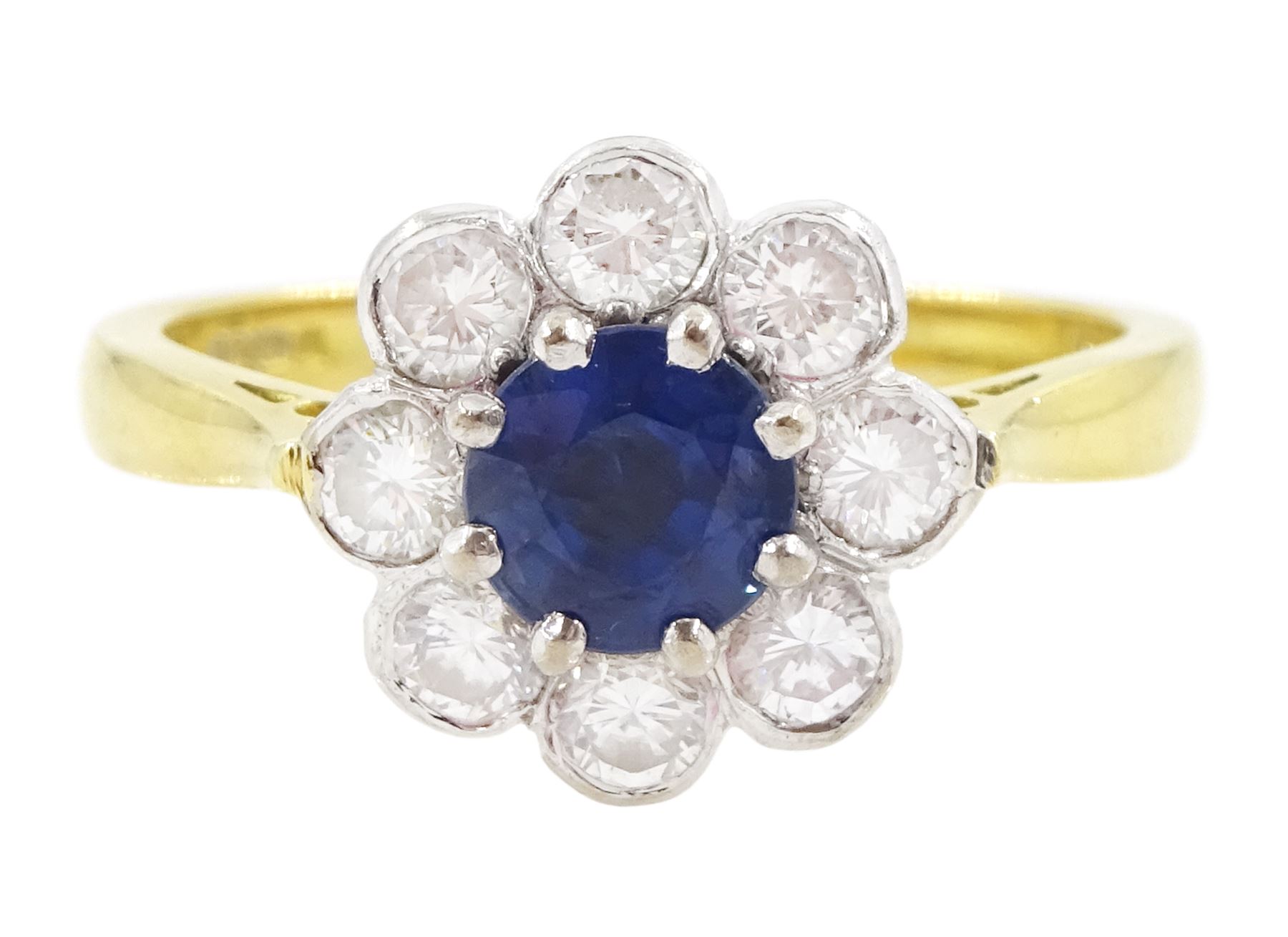 18ct gold round cut sapphire and round brilliant cut diamond cluster ring, hallmarked, sapphire approx 0.50 carat, total diamond weight approx 0.50 carat