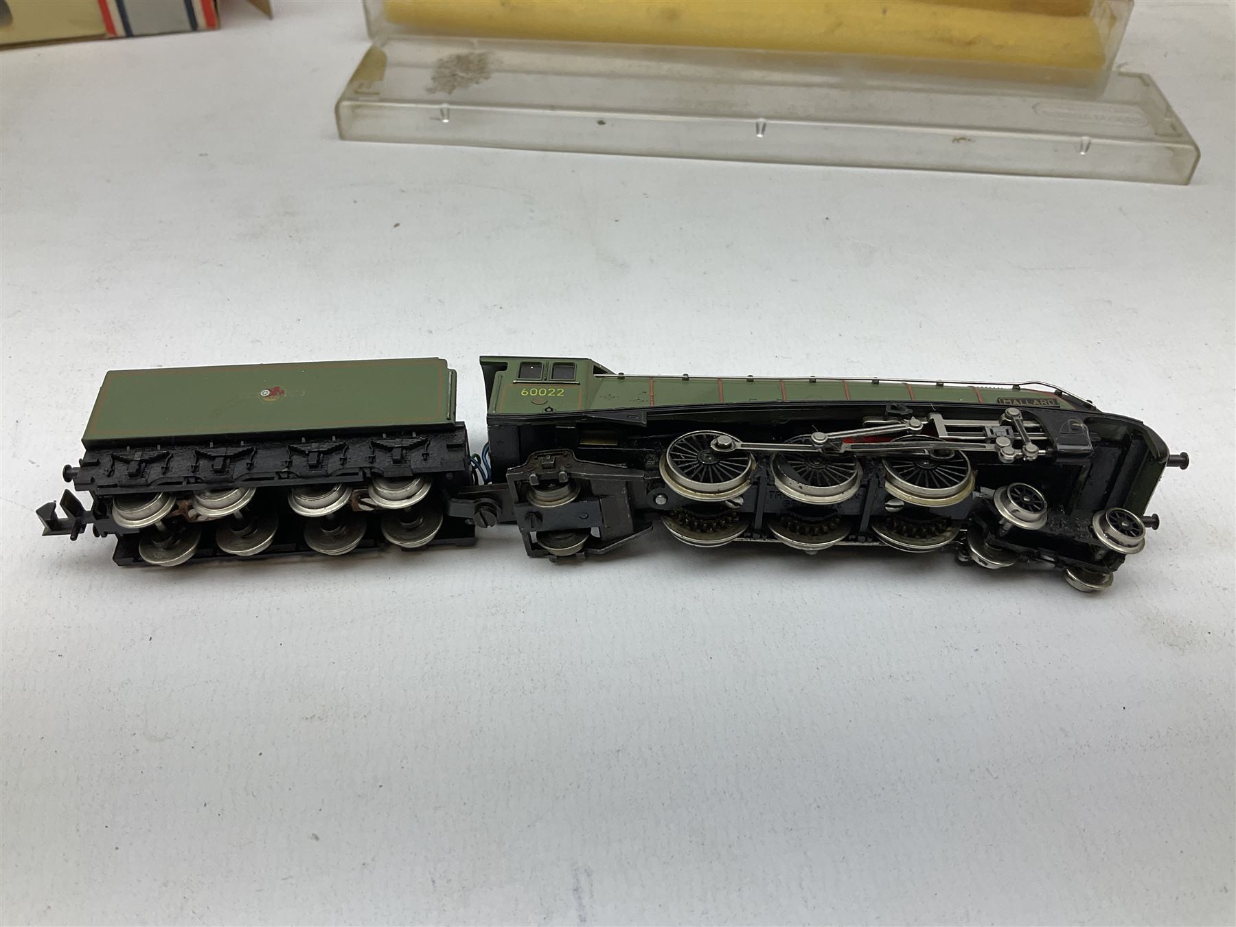 'N' gauge - Minitrix Class A4 4-6-2 locomotive 'Mallard' No.60022; in hard perspex case; Lima Diesel Shunter No.D2790; boxed; 0-6-0 locomotive 'Margaret' with four Colin Ashby EDLR coaches and three wagons; and Egger-Bahn 0-4-0 locomotive No.5 with two coaches in hard plastic boxes (13)