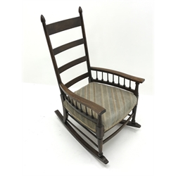  Early 20th century William Birch for Liberty's style Arts and Crafts oak ladder back rocking chair with upholstered seat, W59cm  