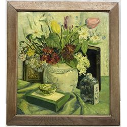 Elizabeth E Thomas (British exh.1923-1945): Still Life of Spring Flowers, oil on canvas signed and dated 1945, artist's address 'Barn Mead, Rectory Rd., Hawkwell, Hockley, Essex' verso 45cm x 40cm