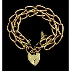  9ct rose gold double curb link bracelet, each link stamped 9.375, with later 9ct yellow gold heart locket clasp, hallmarked