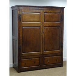  George lll oak press cupboard enclosed by a pair of twin raised and fielded panel doors, two drawers with panel sides on stile feet, W158cm, H194cm, D64cm  