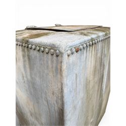 Large early 20th century galvanised water, cube form  with rounded corners and buttoned detail, with tap
