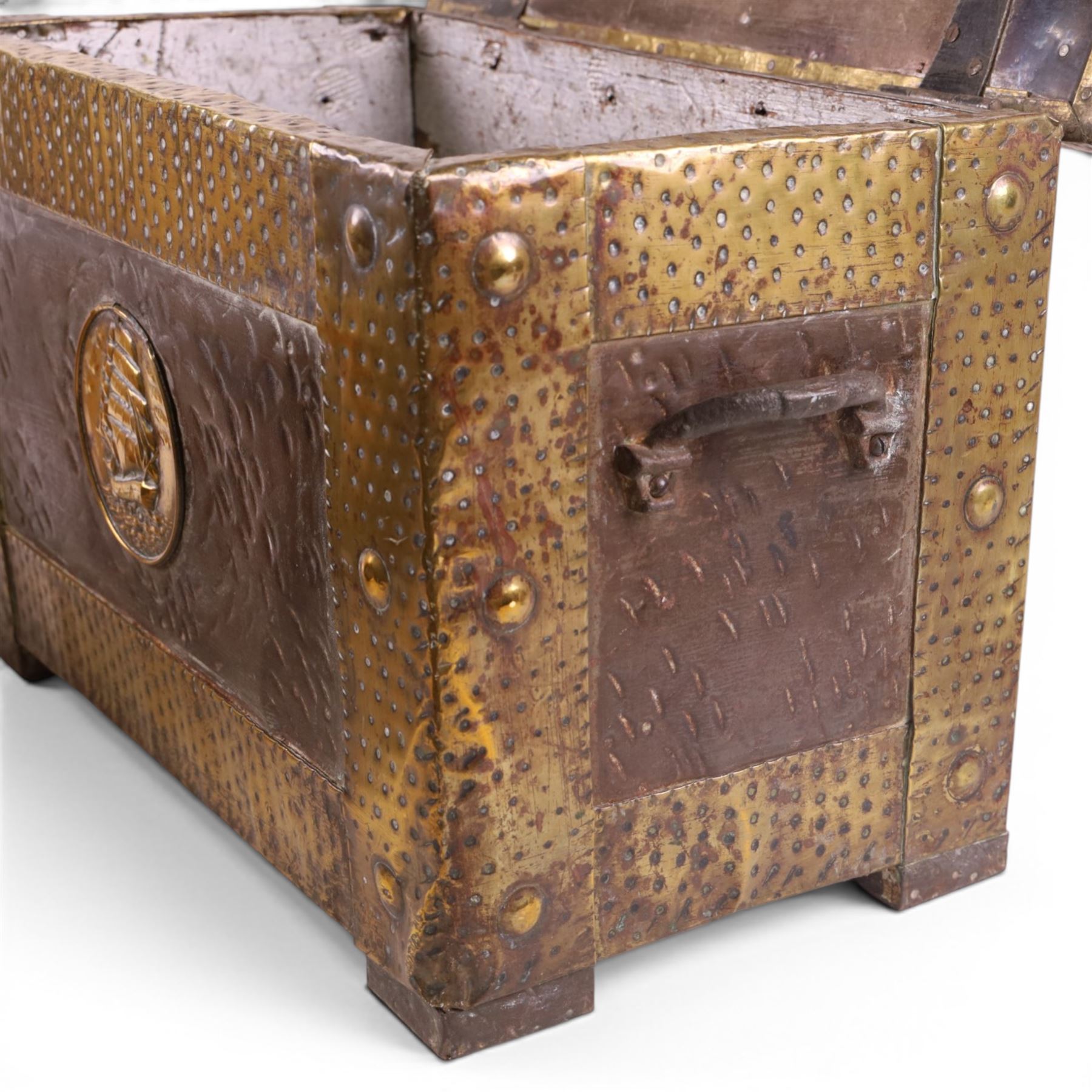 Arts and Crafts brass bound coal box, with sailing ship decoration to the front and lid, together with a similar slope fall front coal box, largest H36cm, 54cm
