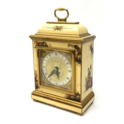 A chinoiserie style mantle clock, the dial marked J R Ogden & Sons London & Harrogate, with later movement, including carry handle H23.5cm. 