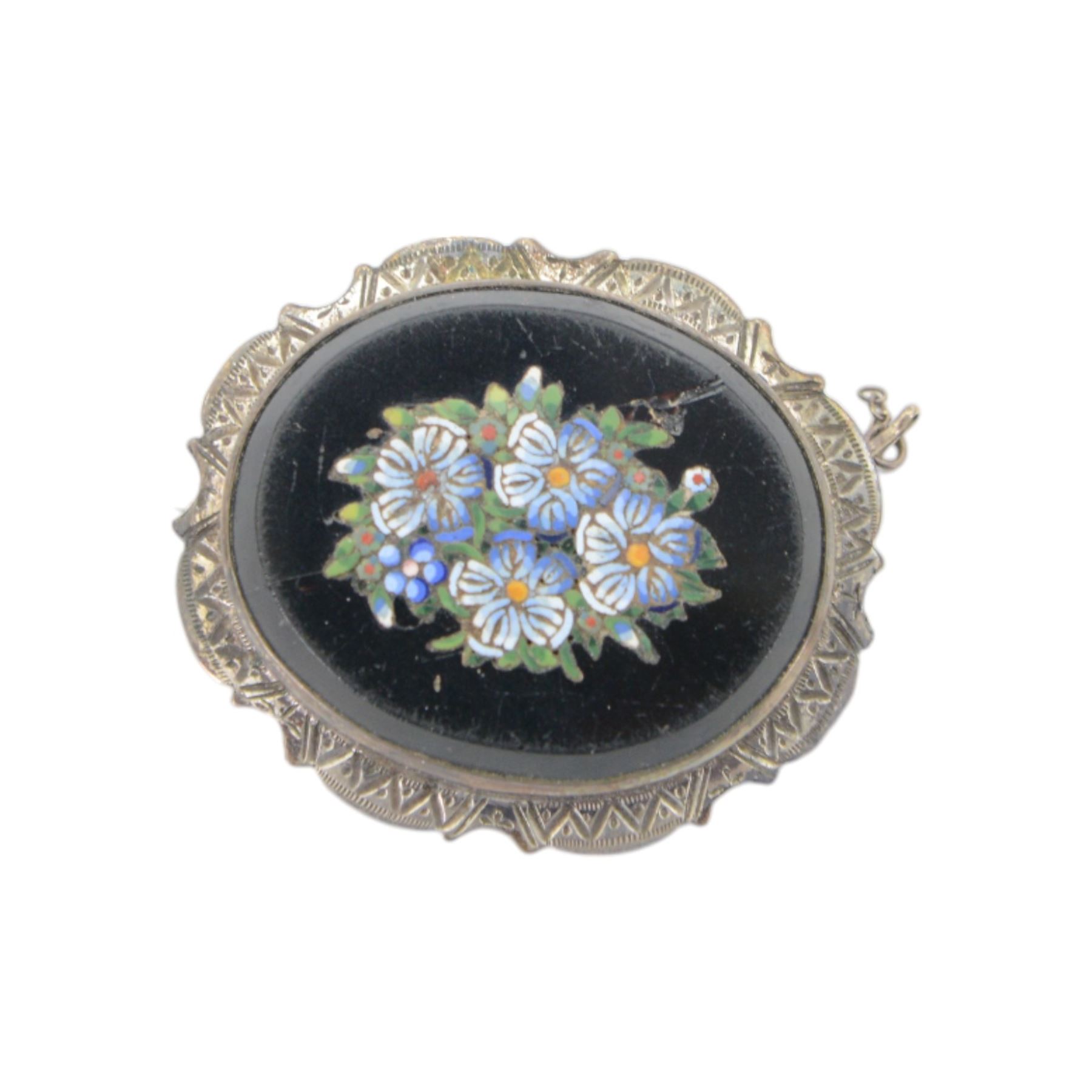 19th century micro mosaic brooch of oval form decorated with daisies to the centre, together with five other micro mosaic brooches 