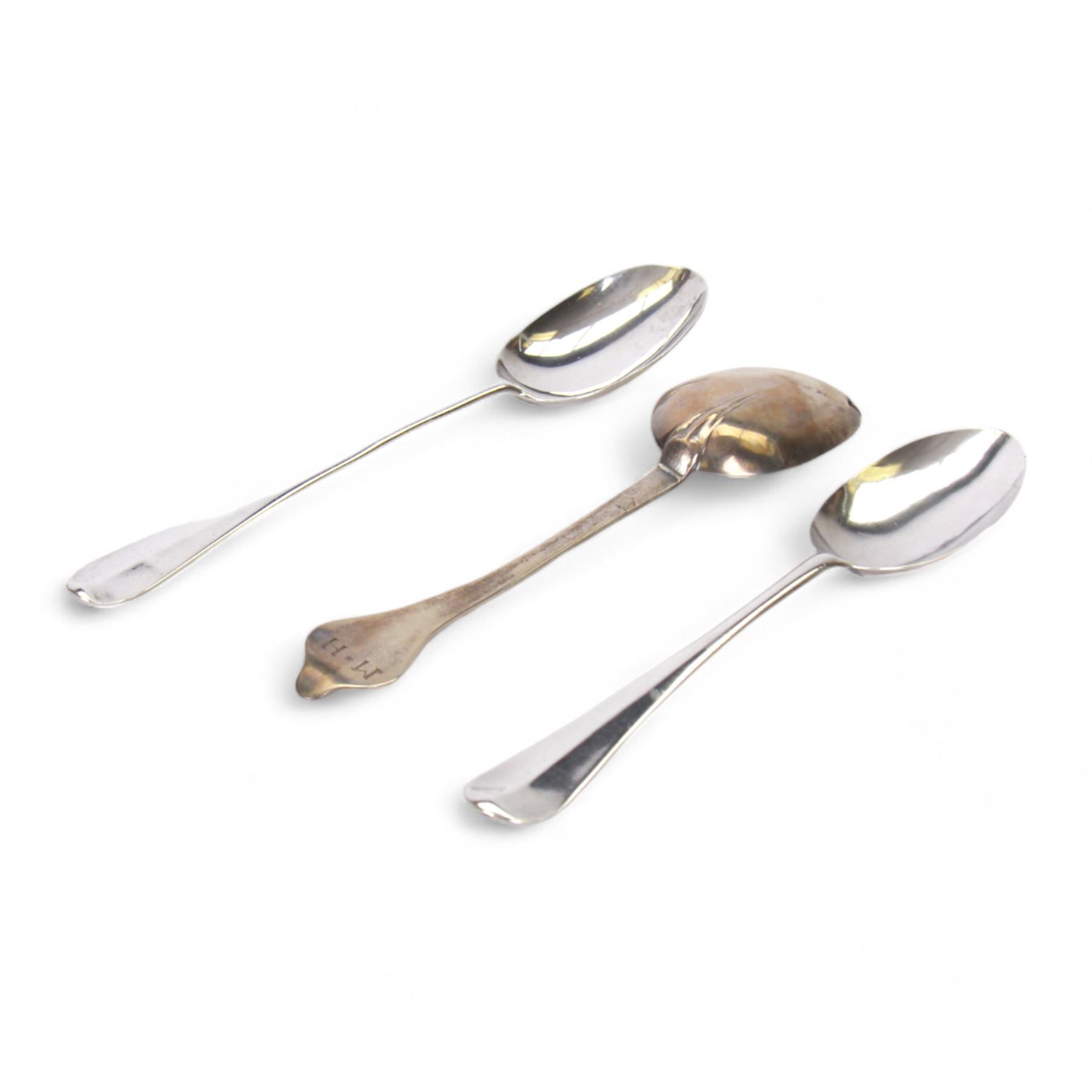 Two 18th century American silver Hanovarian pattern tablespoons with rat tail bowls, the first example marked for Joseph Edwards, Boston MA, L18.5cm, the second marked for Jonathan Clarke, Newport RI, L20cm, together with an 18th century American silver dog nose spoon with rat tail bowl, marked for Thomas Edwards, Boston MA, L19cm, 


