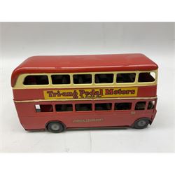 Tri-ang Minic tin-plate clockwork - London Transport Routemaster double decker bus 'Route 14 Putney' with Bovril and Tri-ang Pedal Motors advertisements; and Refuse Wagon with three sliding compartments; both unboxed (2)