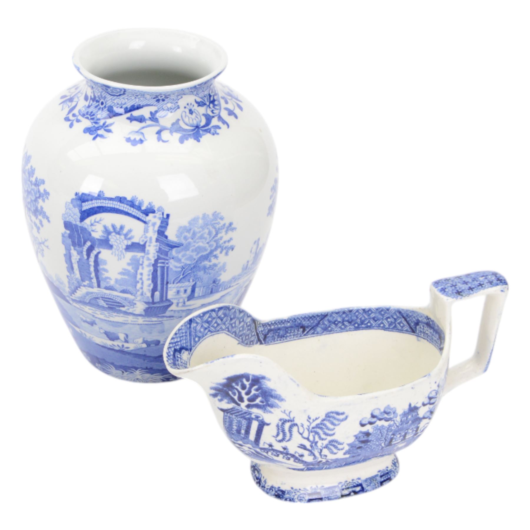 Pair of Davenport Willow pattern tureens together with Davenport jug and Spode Italian pattern vase 