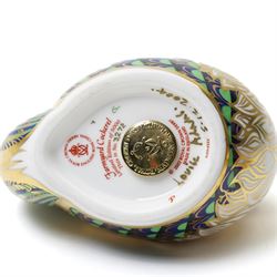 Royal Crown Derby paperweights, comprising Bluebird, Partridge, and Farmyard Cockerel, with gold stoppers, boxed (3)