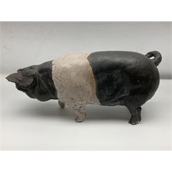 Studio pottery Saddleback pig, with artist signature beneath, H18cm, L39cm