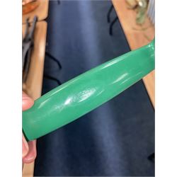 Jade green Bakelite telephone, of pyramid form with alphabet dial, brown braided handset cord and a base draw