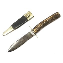 Late 19th century hunting knife by Davie11cm spear point blade, antler grip and leather sheath with nickel mounts overall 23.5cm