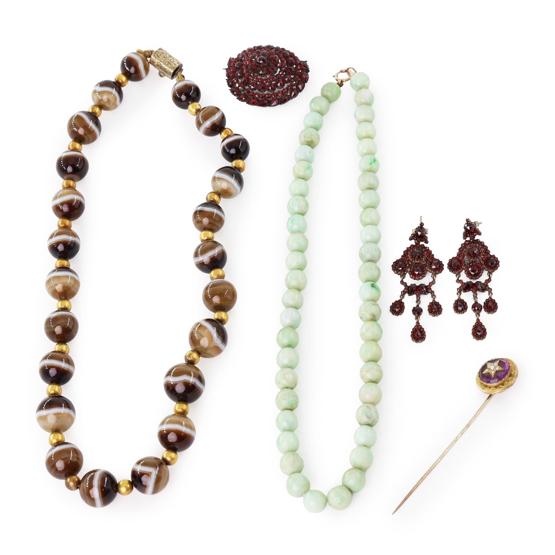 Victorian 18ct gold bead and banded agate necklace, with 8ct gold clasp, gilt Bohemian garnet brooch and pair of earrings, amethyst and seed pearl stick pin and a single strand jade necklace, with 9ct gold clasp