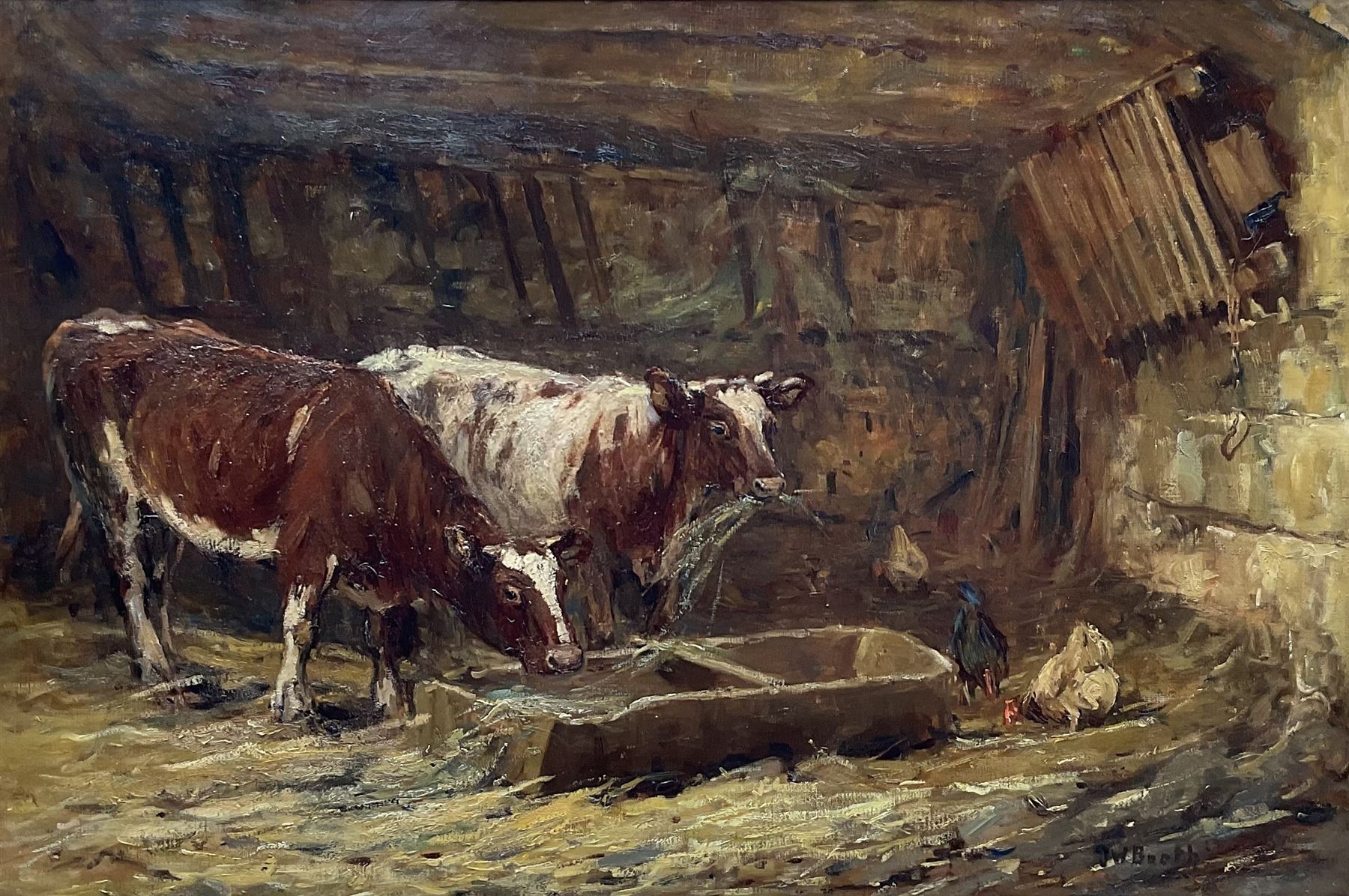 James William Booth (Staithes Group 1867-1953): Shorthorn Cattle and Hens in Stable setting, oil on canvas signed 60cm x 90cm
Provenance: same family ownership for over 25 years