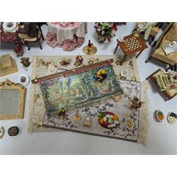 Dolls house living room and dining room furniture, including arm chairs, desk, fireplaces, dressers, tables, eight figures and a large collection of predominantly Christmas themed food, accessories and decorations