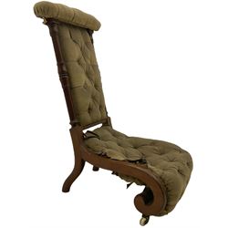 Victorian mahogany prie-dieu chair, scrolled form with turned and fluted upright supports carved with leaves, buttoned upholstery, brass and ceramic castors