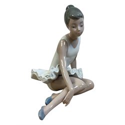 Three Lladro figures, Bashful Bather 5455, Pepita no 5372 and girl with lamb no 1010, together with two Neo figures and a Royal Doulton figure 