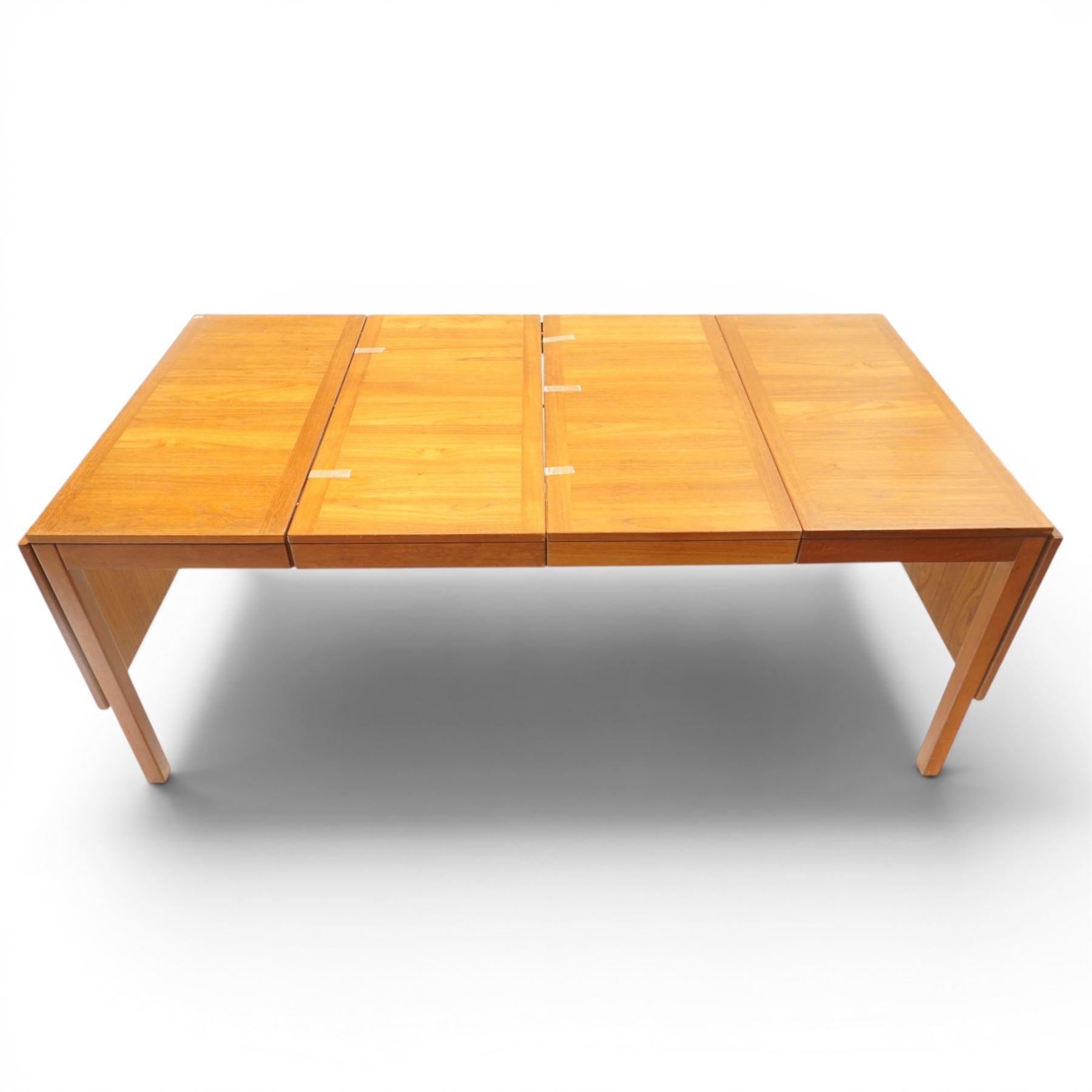 Vejle Stole - Mid 20th century Danish teak table extending and dropleaf table, raised on square supports, extends to 180cm with leaves up, extends to 270cm with leaves up and additional two leaves