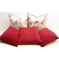  Pair feather filled cushions upholstered in Sanderson pink floral pattern fabric, 58cm x 58cm and three other feather filled cushions (5)  