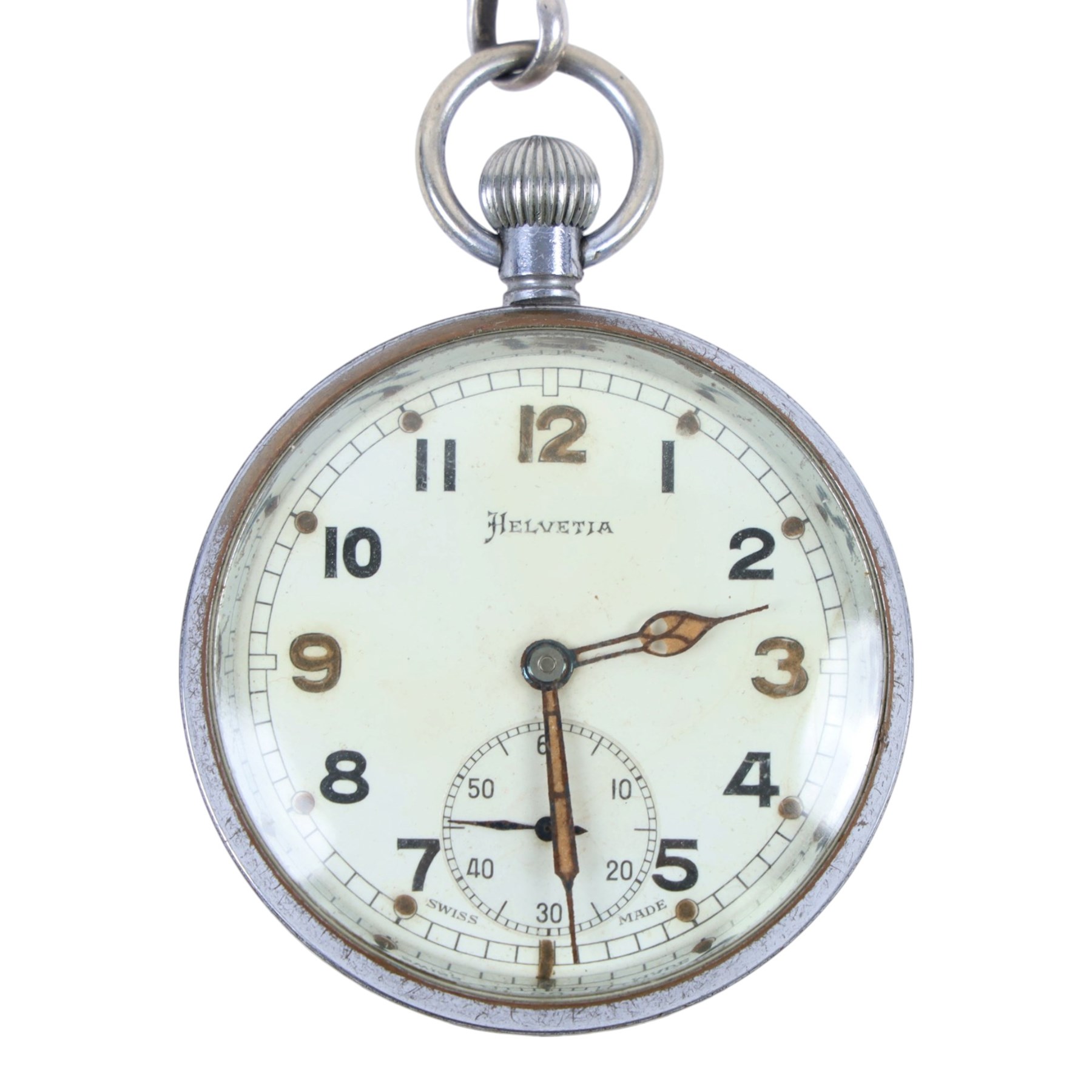 Silver improved patent open faced pocket watch, together with a plated Helvetia military issue pocket watch with broad arrow verso and two silver fob watches