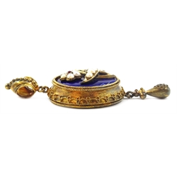  Victorian blue enamel split pearl and diamond forget-me-not  brooch, raised floral boss on blue guilloche enamel ground and  raised border with picture back inscribed ' George Rawdon Earnshaw.Jnr..obt 27th Jan 1841 aged 46 and beneath George Rawdon Earnshaw Snr obt 11 May 1841 aged 75' 4.5cm and a similar picture back pendant  (2)  