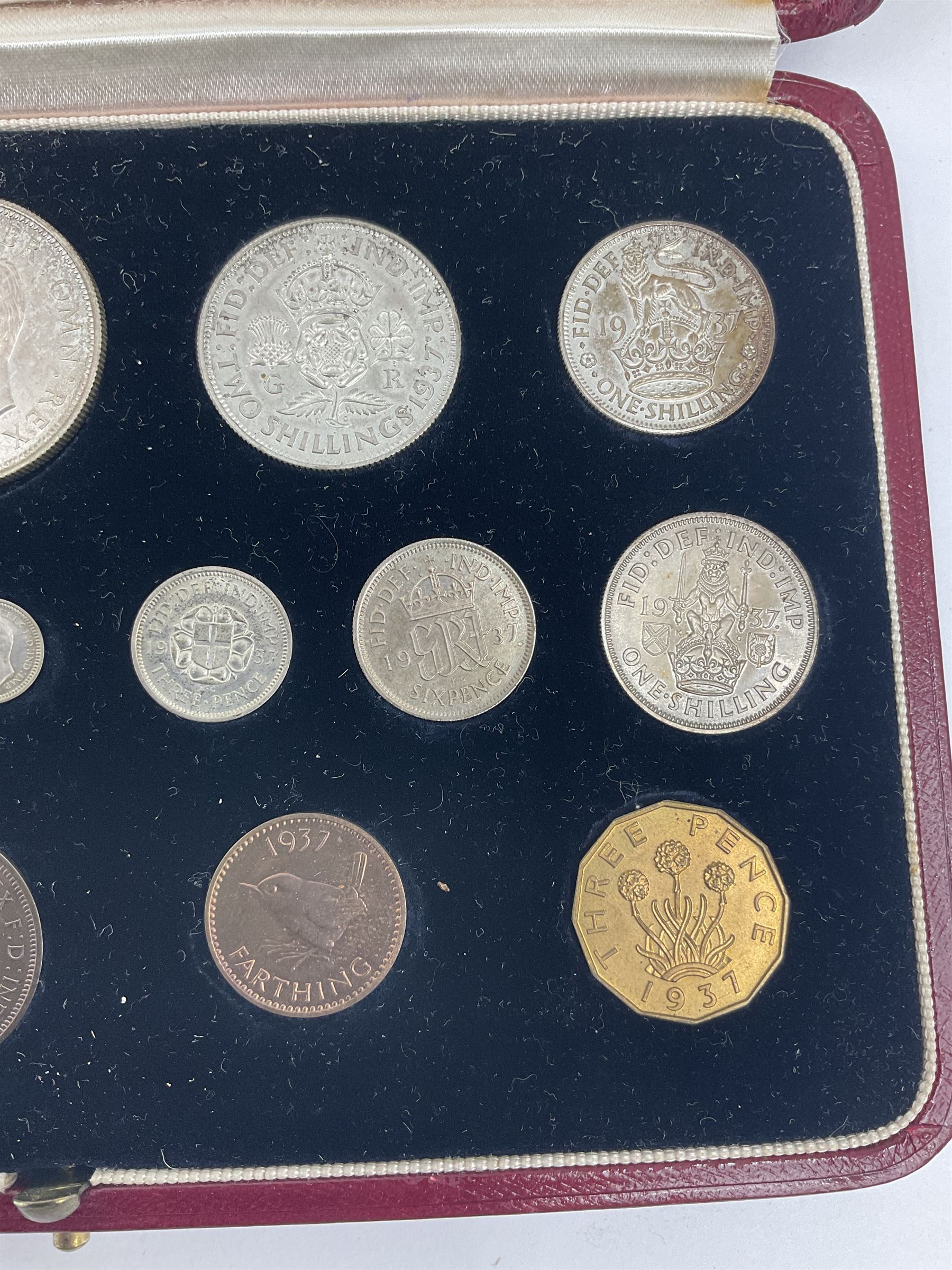 King George VI 1937 fifteen coin specimen set, housed in the official The Royal Mint maroon and gilt case