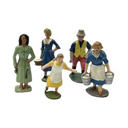 Forty-three lead farm figures by Timpo, Britains, J. Hill & Co etc including farmer, milk maids, farm workers, shepherds, Land Girls, scarecrow etc