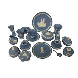 Quantity of Wedgwood Jasperware to include dishes, lidded boxes, vases, candlesticks, caddy spoon etc
