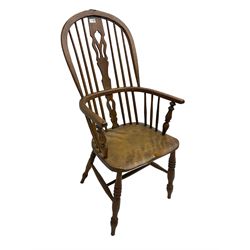 19th century elm and beech Windsor armchair, stick back with pierced splat, on turned supports with H-shaped stretchers