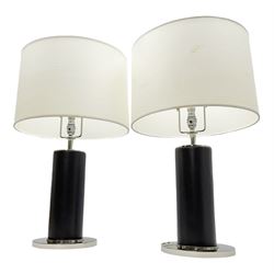 Ralph Lauren - pair 'Beckford' table lamps, cylindrical form in chocolate brown leather, polished metal base, with shades