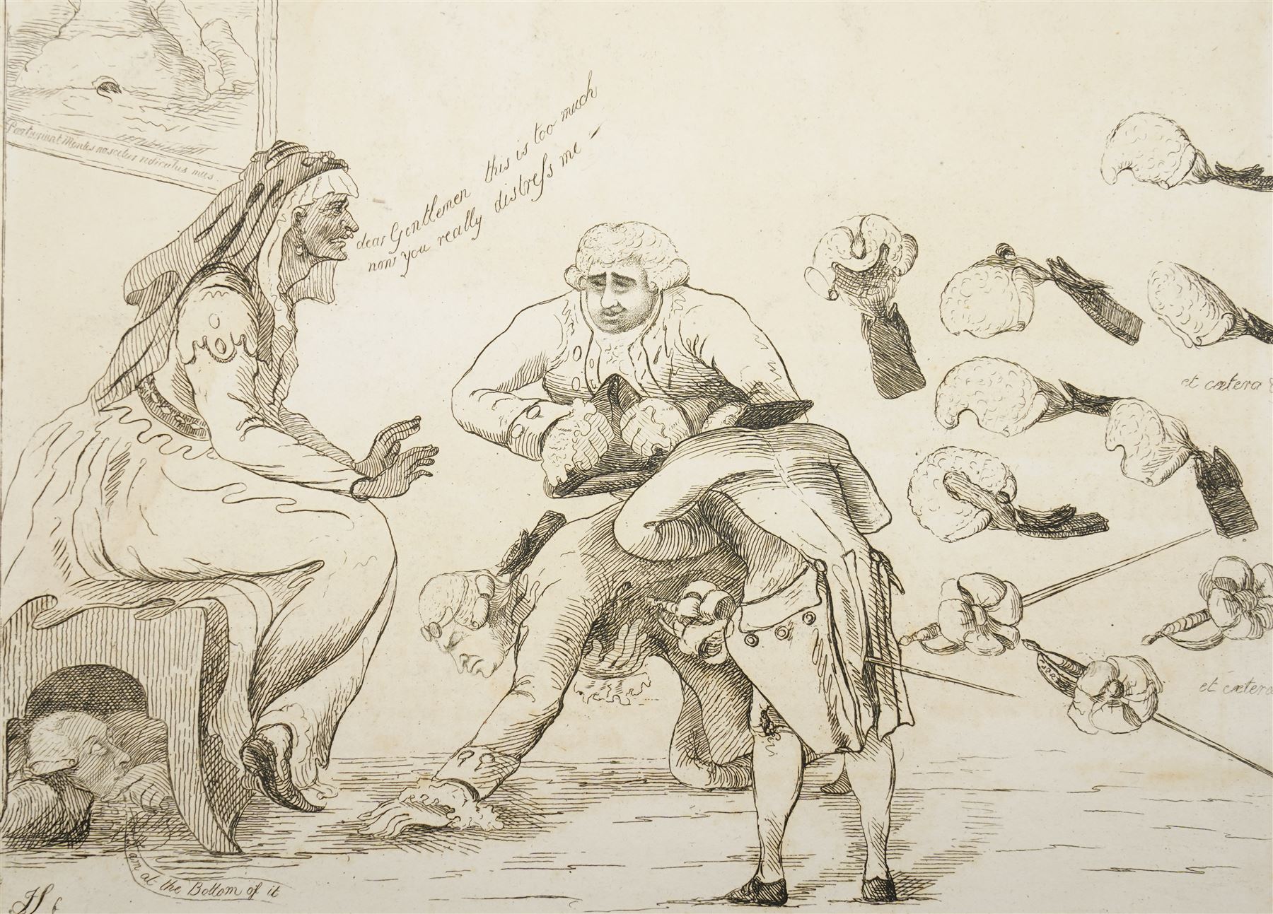 James Sayers (British 1748-1823): 'The Princess's Bow alias the Bow Begum', late 18th century satirical etching pub. Thomas Cornell 1789, 26cm x 32cm with full margins (unframed)
Notes: Edmund Burke is caricatured as a simpering “princess” overwhelmed by the exaggerated bows of Charles James Fox, Richard Brinsley Sheridan (kneeling), and Sir Philip Francis (hidden beneath the chair). The print mocks factional sycophancy within the Whigs and satirises Burke’s oratorical vanity and self-importance at a moment of political tension over India and royal influence.