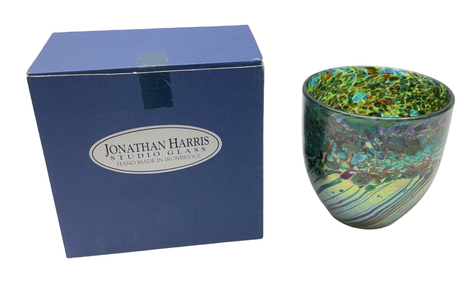 RTV -Jonathan Harris glass cup vase in the 'Everglades' pattern, of floral and striped blue, green and purple iridescent design, with etched 'Ironbridge 2004' mark beneath, with box, H11cm