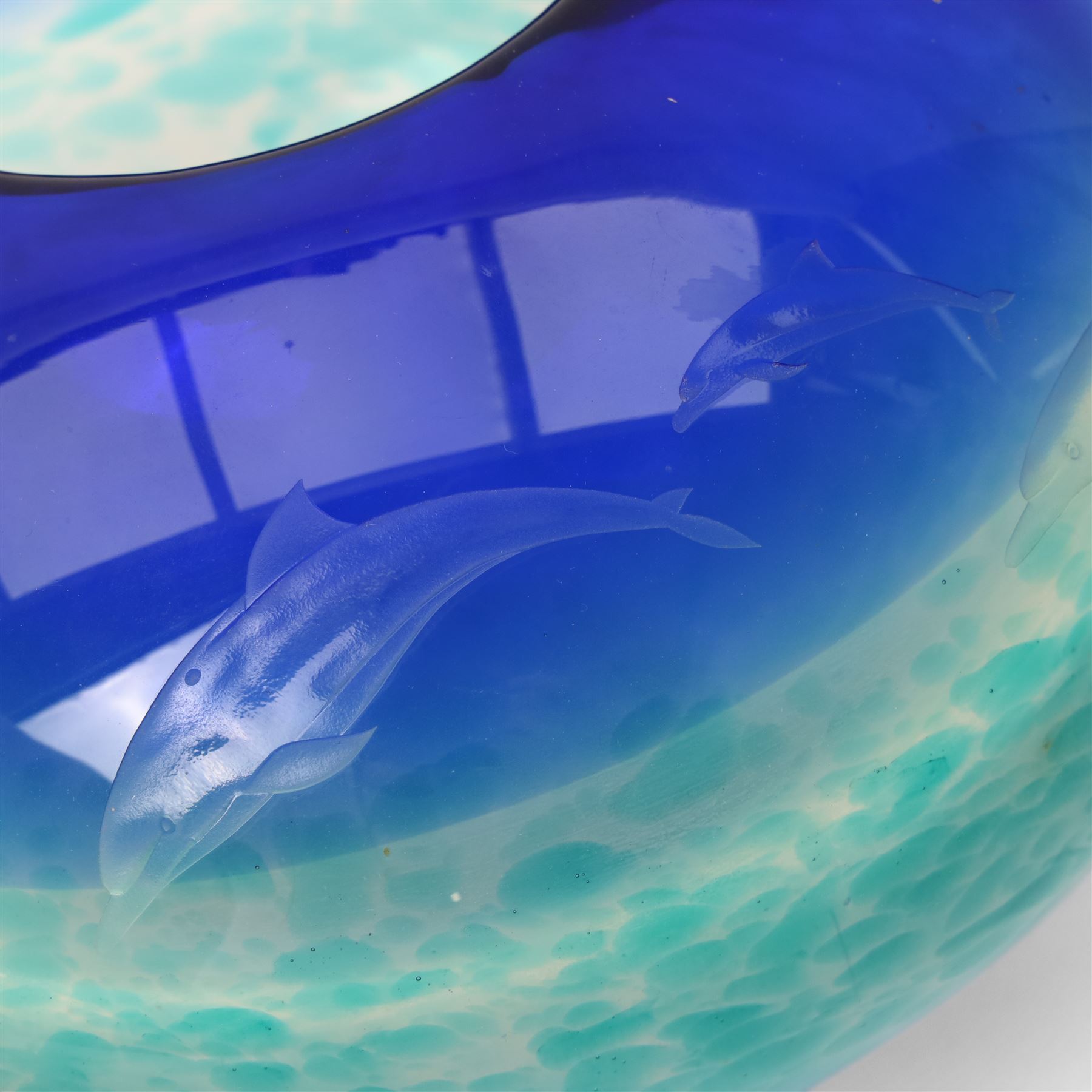 Caithness glass limited edition blue glass bowl 'Spirits of the Sea' decorated with dolphins  7/25 boxed and with certificate D25cm
