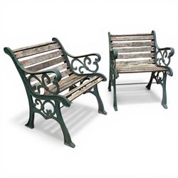 Pair of cast iron and wooden slatted chairs
