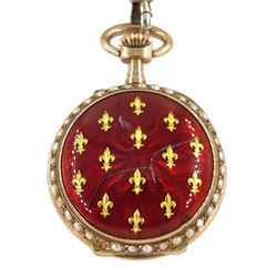 Swiss 14ct gold open face keyless cylinder ladies fob watch, white enamel dial with Roman numerals, guilloche red enamel decorated with Fleur de Lys and split seed pearl surround, case No. 285674 with Swiss export hallmarks and engraved horse, with German silver red enamel and split pearl bow attachment stamped 800, in personalised silk lined case by J.C Vickery, Regent street