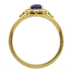 18ct gold oval cut sapphire and round brilliant cut diamond cluster ring, with diamond set split shoulders, hallmarked, sapphire approx 1.15 carat