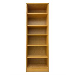 Light oak 6' open bookcase, five adjustable shelves