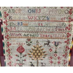 Early Victorian sampler, worked by Anglina Smith Aged 10, dated 1851, depicting tree surmounted by a bird, flanked by a dog and cat, and various motifs including flowering urns, underneath rows of alphabet, within a strawberry vine border, framed and glazed, overall H42cm W38cm