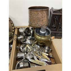 Quantity of silver plate, copper and brass metalware to include cutlery, chargers, tea wares, samovar, lamps etc, together with carved tabletop chest etc