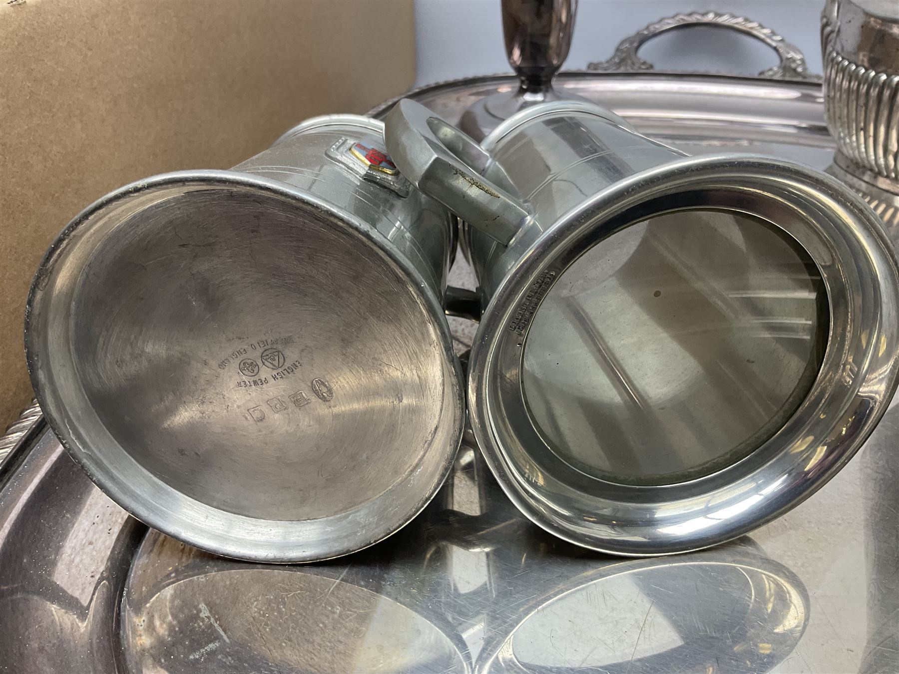 Collection of silver plate to include teapots, coffee pots, milk jug, sucrier, serving spoons, etc, together with pewter tankards 