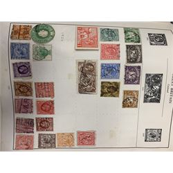 Great British and World stamps including two Queen Victoria penny black stamps, both with black MX cancels, King George V seahorse stamp,  World stamps including Austria, Belgium, Cyprus, Finland, France, Gibraltar, Italy, Hong Kong etc, in two albums and loose and a small number of mixed coins