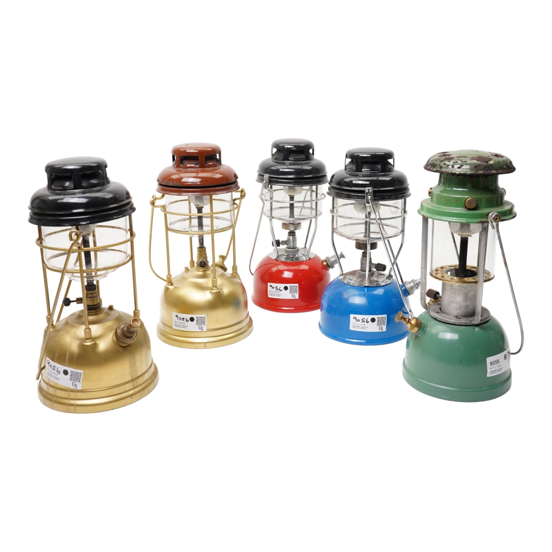Bialaddin pressure paraffin lamp Model 310 and four Tilley pressure lamps