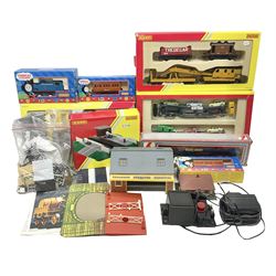 Hornby '00' gauge - Thomas the Tank Engine and Friends 0-6-0 tank locomotive No.1 with Annie and Clarabel coaches; all boxed; Breakdown Pack, Car Transporter Pack, Fuel Tanker Pack and Automatic Level Crossing; all boxed; Lima Car Transporter; boxed; and quantity of trackside accessories etc