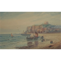 Austin Smith (British early 20th century): Boats and Bathing Machines on the Beach at 'Whitby', watercolour signed, titled and dated 1918, 27cm x 44cm